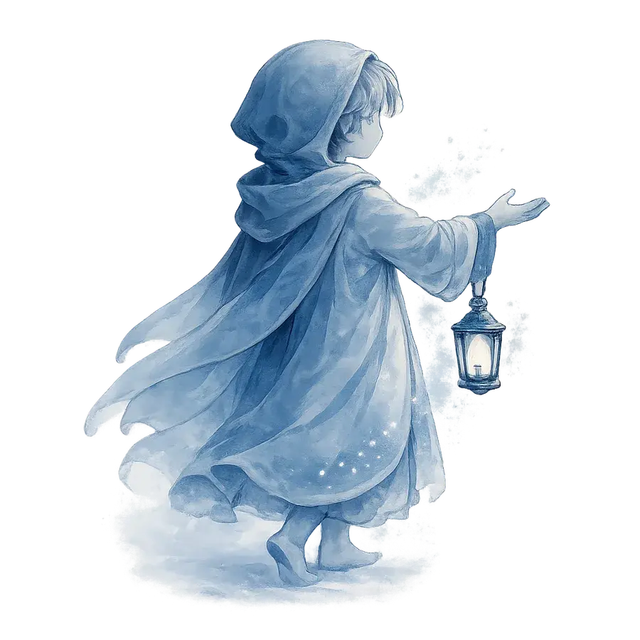 A hooded child carrying a lantern, one hand reaching back