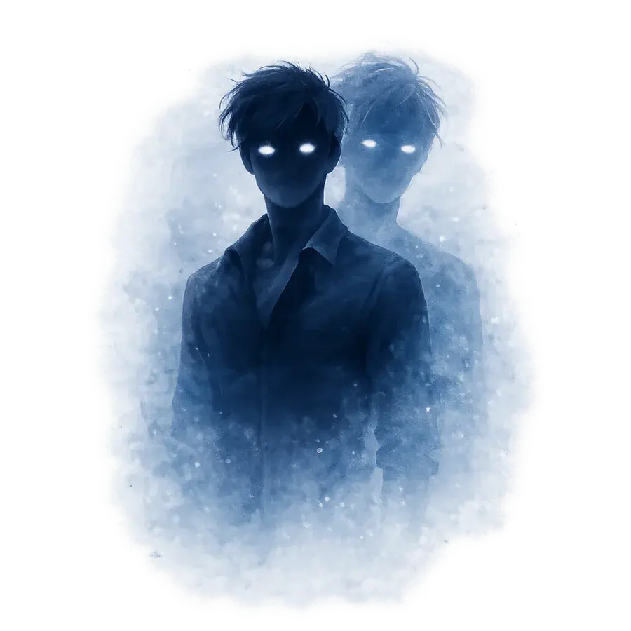 Two identical figures, one facing away from the other