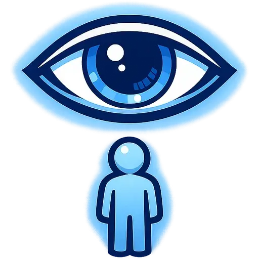 A large eye above a small figure