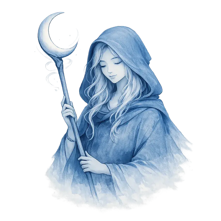 An old robed figure with an outstretched hand in a misty landscape