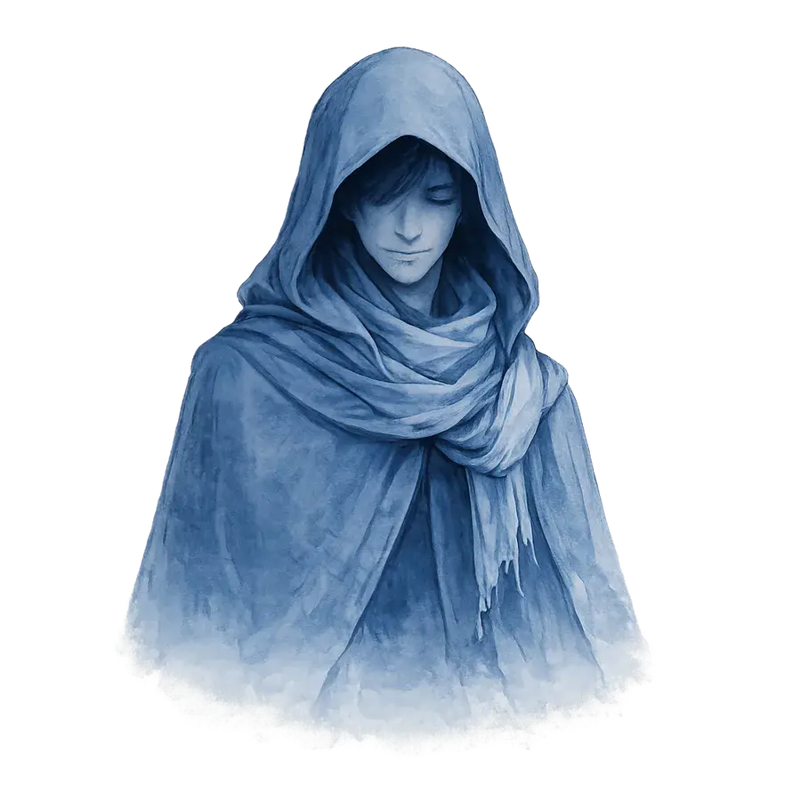 A robed traveller with a hand held out beside a path