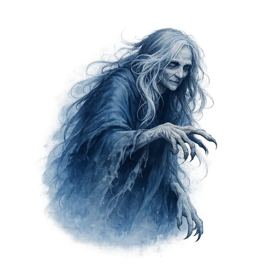 An old woman in ragged robes, hunched forward with long clawed hands outstretched