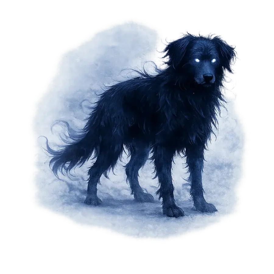A large black dog standing side-on in the dark