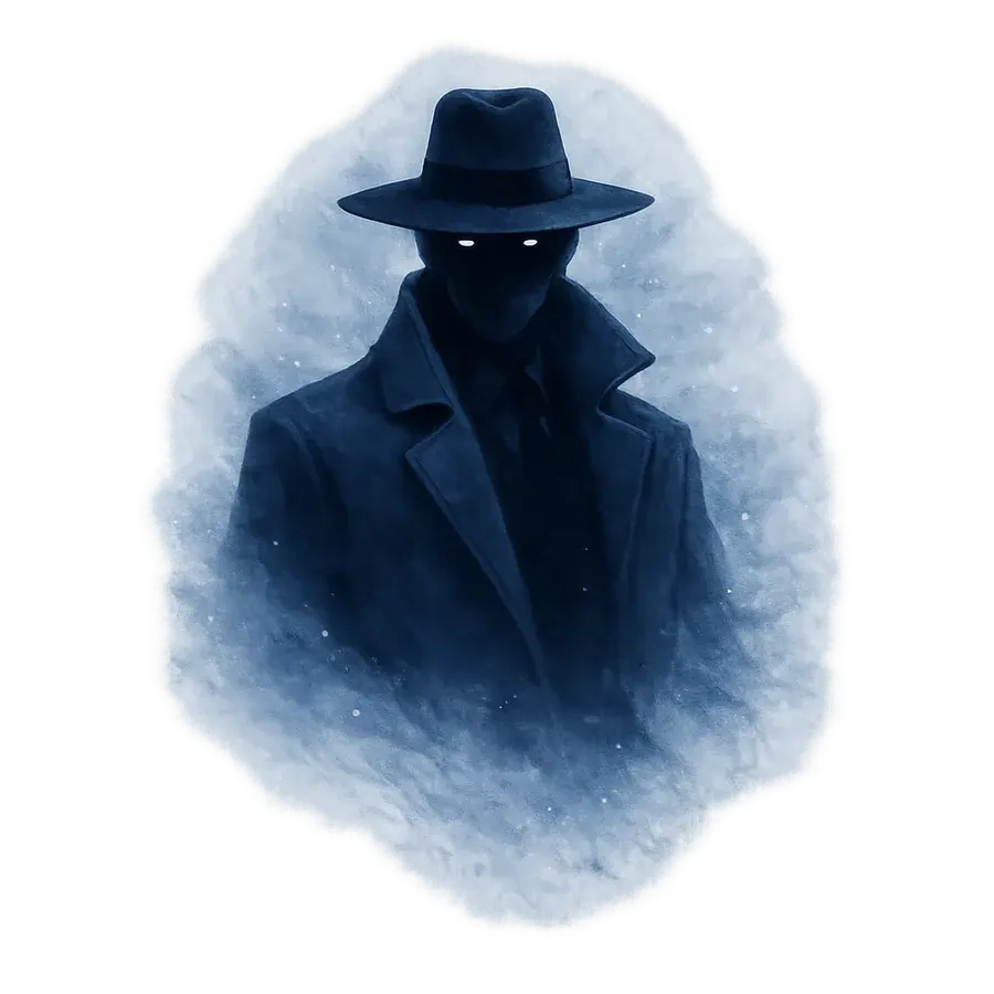A tall figure in a long coat and a wide-brimmed hat, its face in shadow